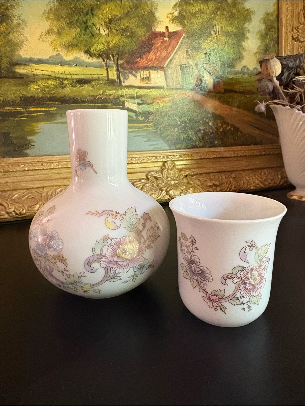 VTG Ceramic Bedside Water Carafe & Cup Pastel Colors Soft Gold Highlights